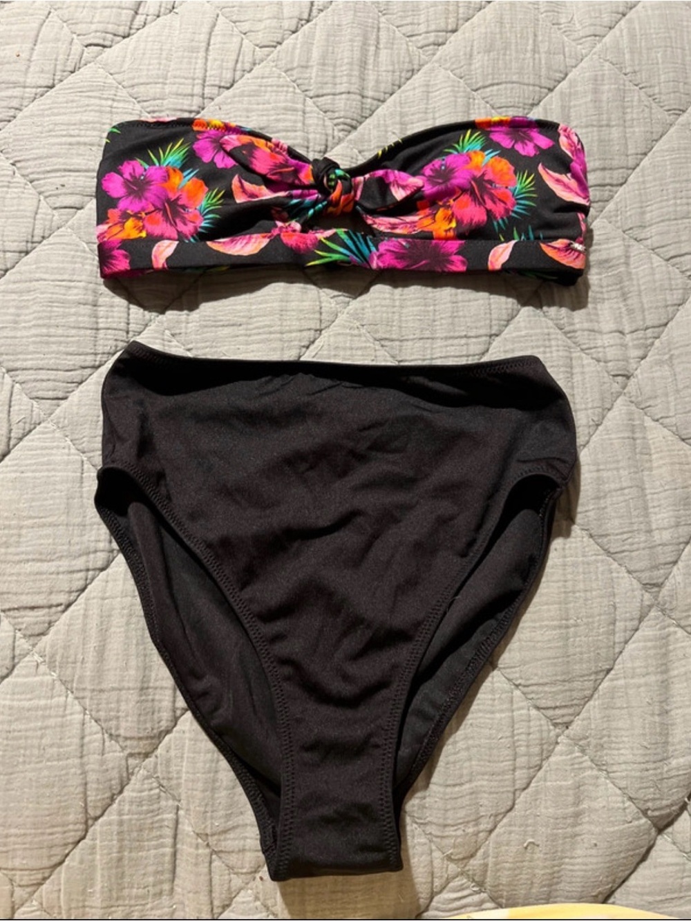 PINK Victoria's Secret Black High-Waist Bikini with Pink & Orange Floral Bandeau